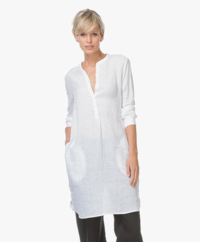 Majestic Linen Tunic Dress with Mao Collar - White