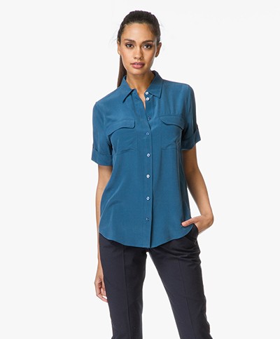 Equipment Signature Washed-silk Short Sleeve Shirt - Ajolica Blue 