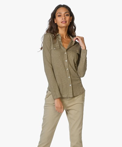 Majestic Jersey Blouse in Linen and Silk Blend - Khaki