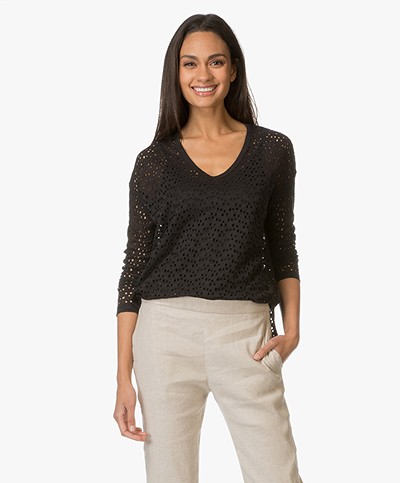Majestic Broderie Anglaise Linen Long Sleeve - Black