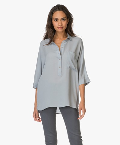 Repeat Silk Blouse with Cropped Sleeves - Lake