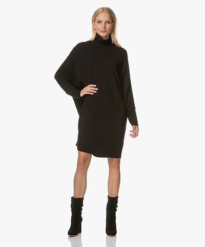 Majestic Oversized Turtleneck Dress in Fleece Jersey - Black