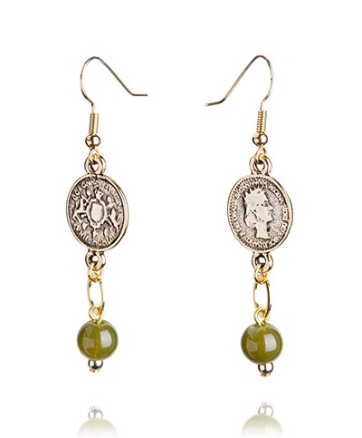 Ellen Beekmans Long Coin Earrings Olive Green/Gold