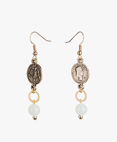 Ellen Beekmans Long Coin Earrings - White Jade/Gold