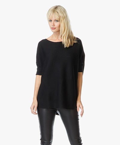 Repeat Wool Rib Knitted Poncho Sweater with Short Sleeves - Black