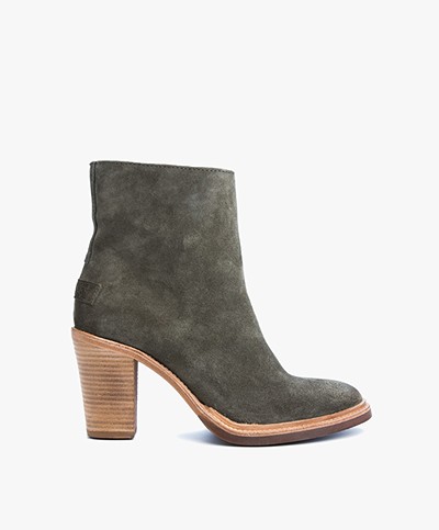 Shabbies Suede Heeled Ankle Boots - Dark Olive Green