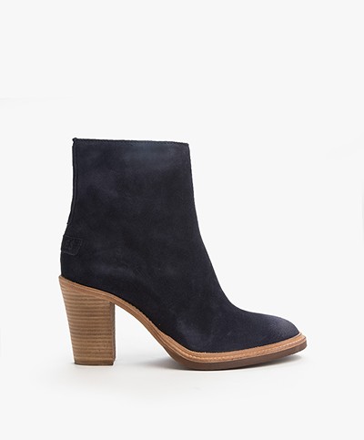 Shabbies Suede Heeled Ankle Boots - Navy
