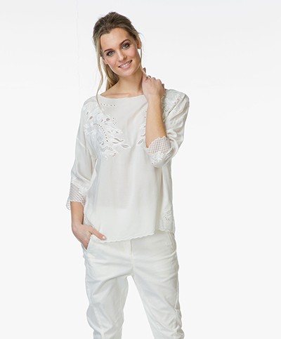 Repeat Embroidered Blouse with Lace - Cream