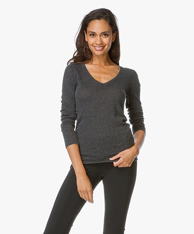 Majestic  V-neck T-shirt in Cotton-Cashmere - Anthracite Chiné