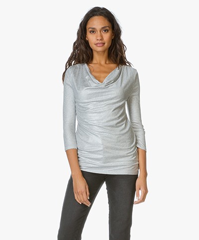 Majestic Lurex Top with Waterfall Neck - Silver Grey Melange 