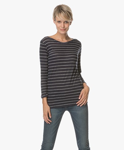 Majestic Striped Shirt in Cotton and Cashmere - Marine/Gris Chine