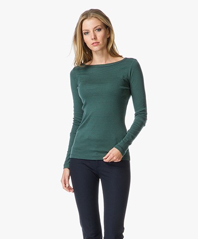 Closed Brushed Rib Longsleeve with Stripes - Bottle Green