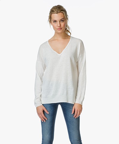 Closed V-neck Pullover in Linen and Cotton - Ivory