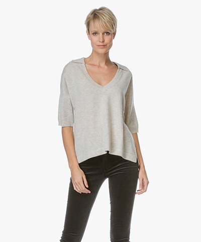 Repeat Cashmere V-neck Sweater with Polo Neck- Marble