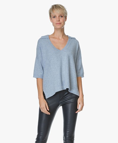 Repeat Cashmere V-neck Sweater with Polo Neck - Sky