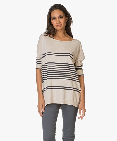 Repeat Cotton Blend Pullover with Stripes - Hay/Navy