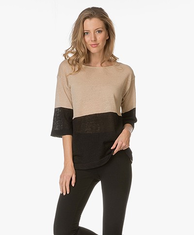 no man's land Two-Tone Pullover in Linen - Beige/Black