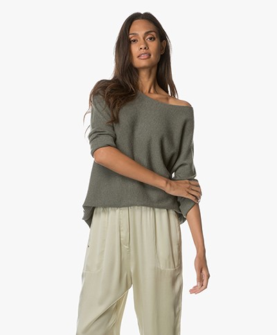 Repeat Cashmere Pullover with Cropped Sleeves - Khaki