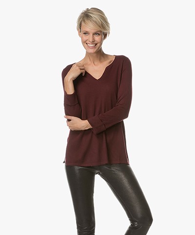 Repeat Fine Knitted Pullover with V-split Neck - Burgundy