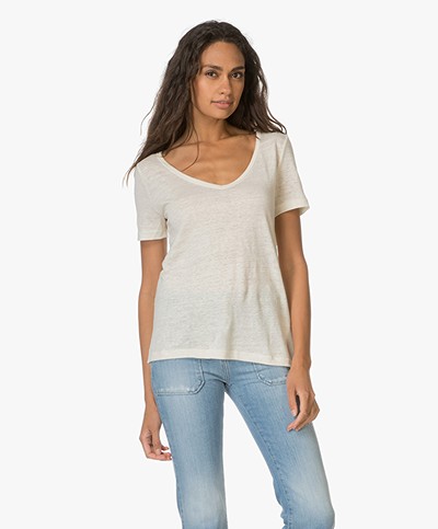 Petit Bateau V-Neck T-shirt in Linen - Off-white
