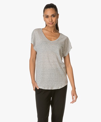 Repeat V-neck Linen Striped T-shirt - Black/Off-white